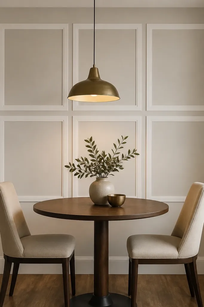 Wall with six modern rectangular panels outlined by thin moulding