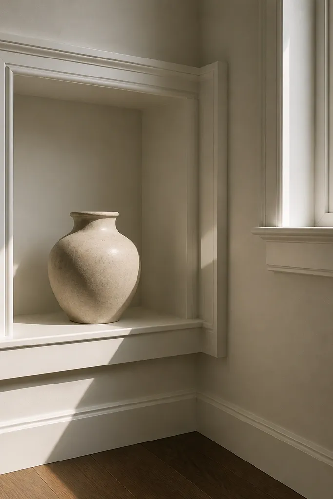 Wall corner with moulding forming an L-shape frame around a small empty area