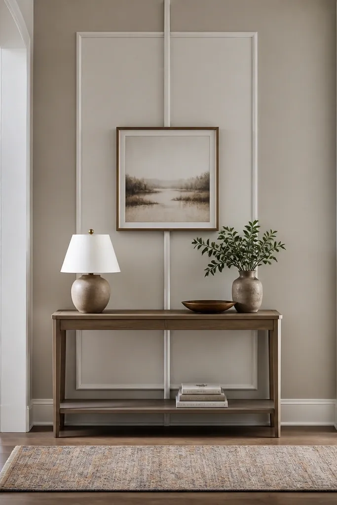 Wall behind a console with one rectangle panel and a vertical rail dividing it