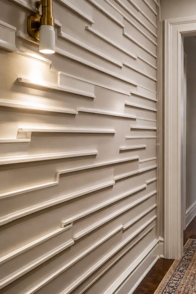 Small wall with staggered horizontal moulding steps creating a geometric pattern