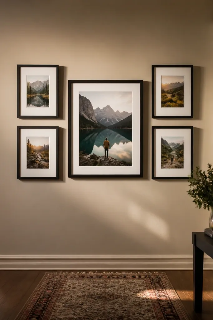 One large frame centered with four smaller frames around it