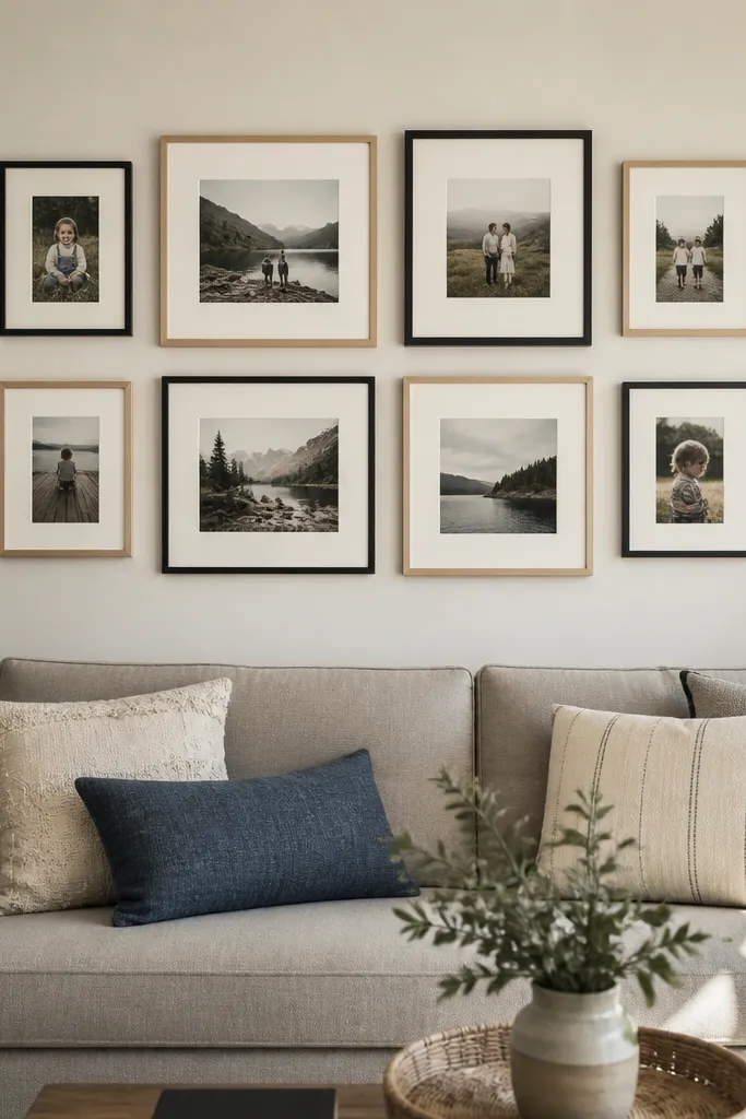 Two rows of picture frames with large and small photos alternating