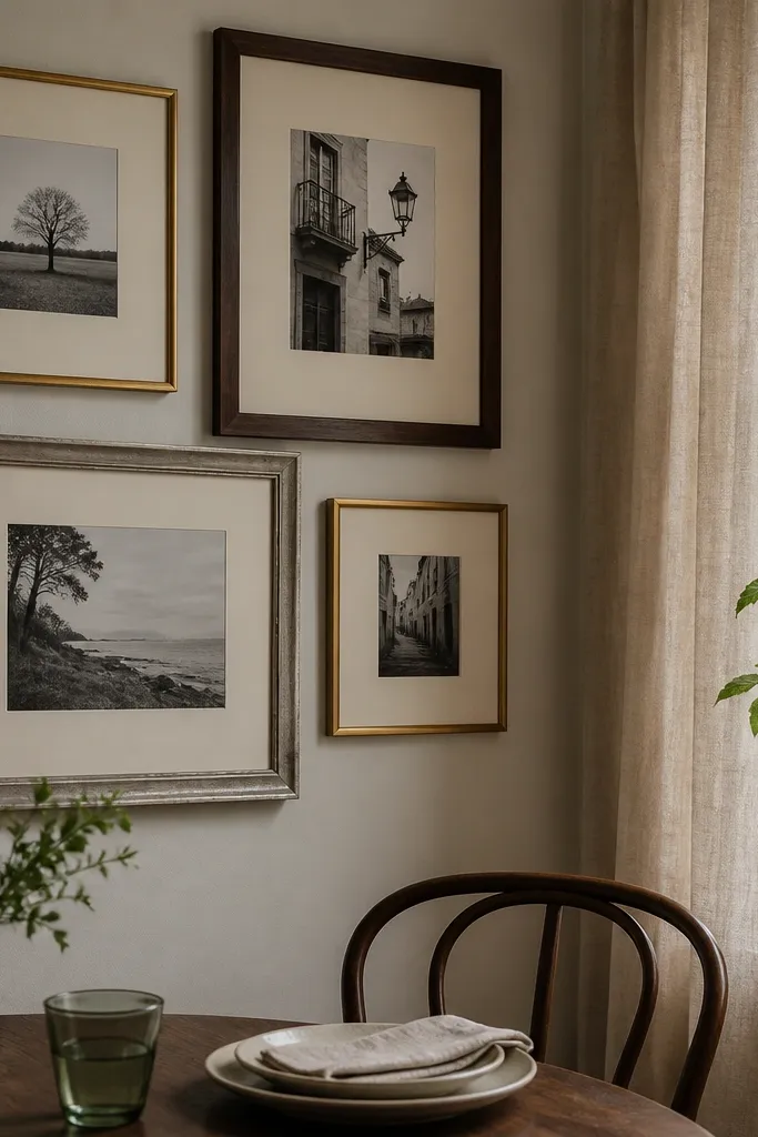 Mixed wood and black frames with a consistent light mat behind photos