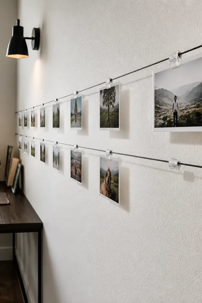 A horizontal line of photos mounted with small clips and even spacing