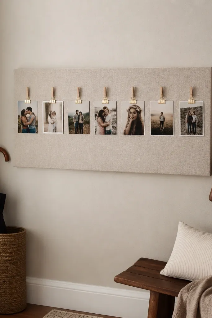 A fabric-backed board with photos clipped in neat rows
