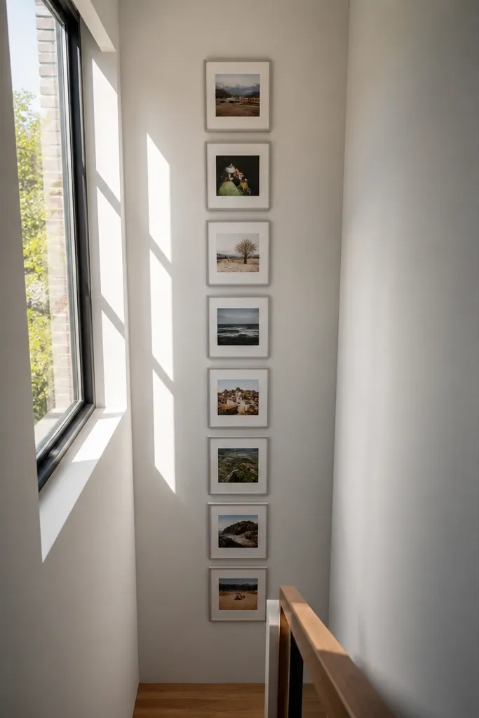A vertical column of photos with even spacing on a narrow wall