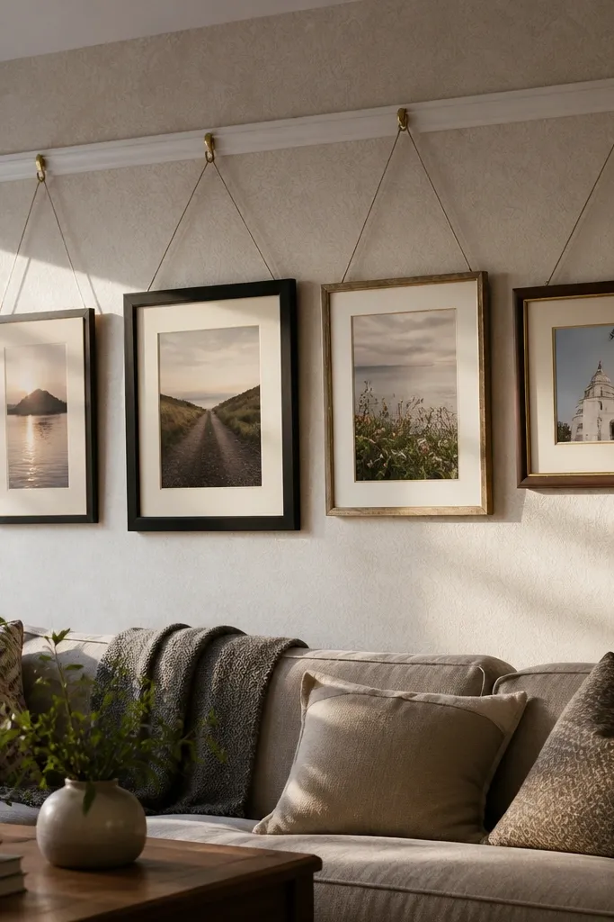A picture rail line with several frames hanging at matching heights
