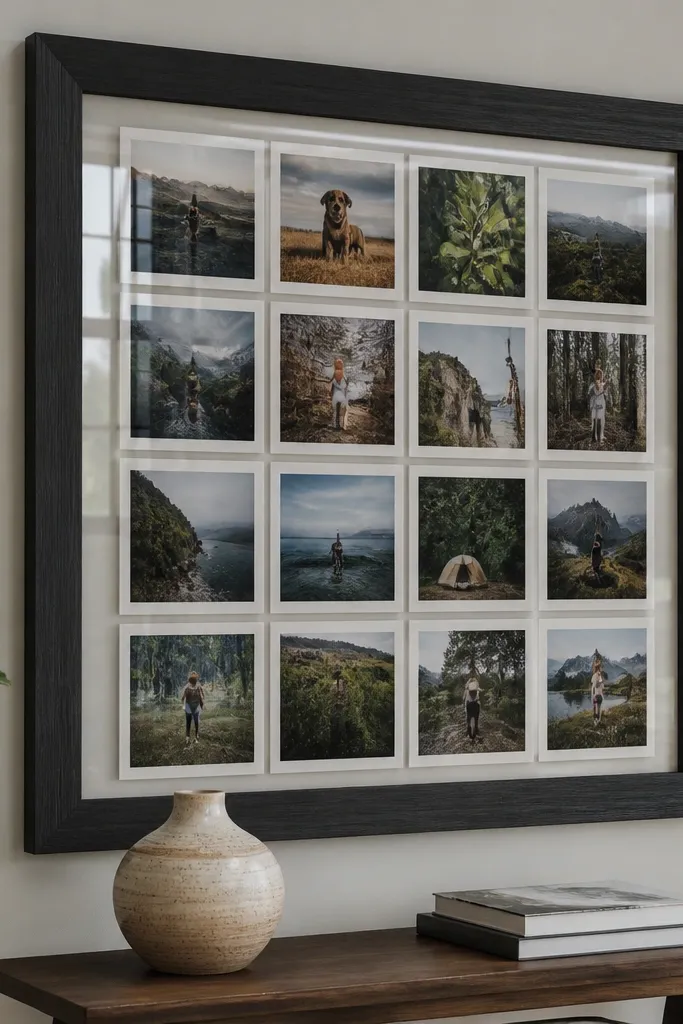 A large frame containing many small photos arranged neatly