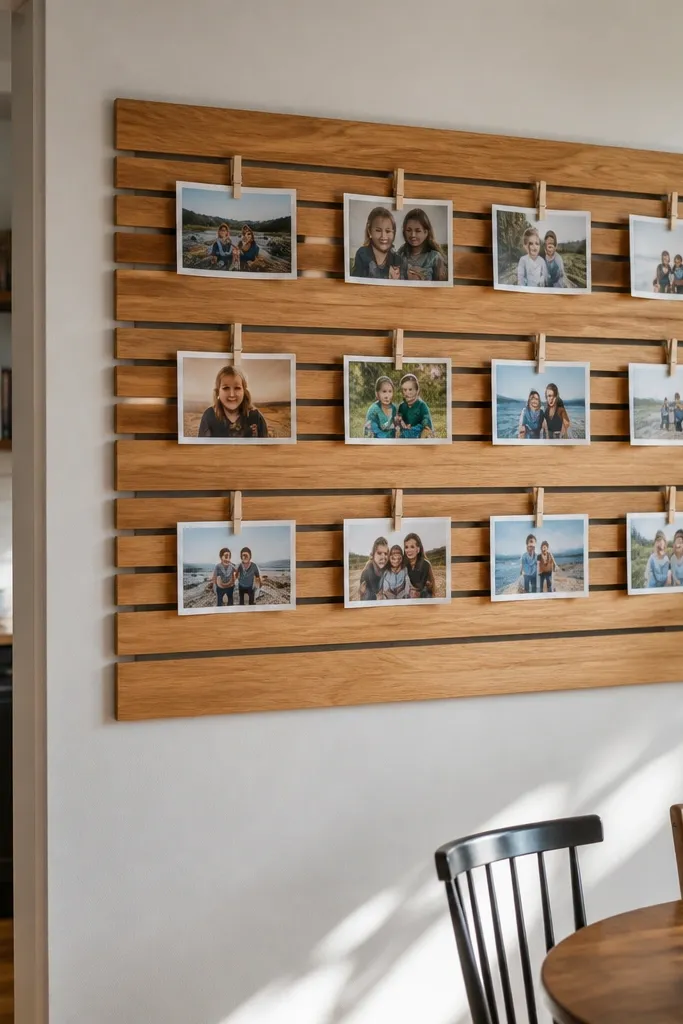 A small wood slat wall with photos clipped on in a tidy row