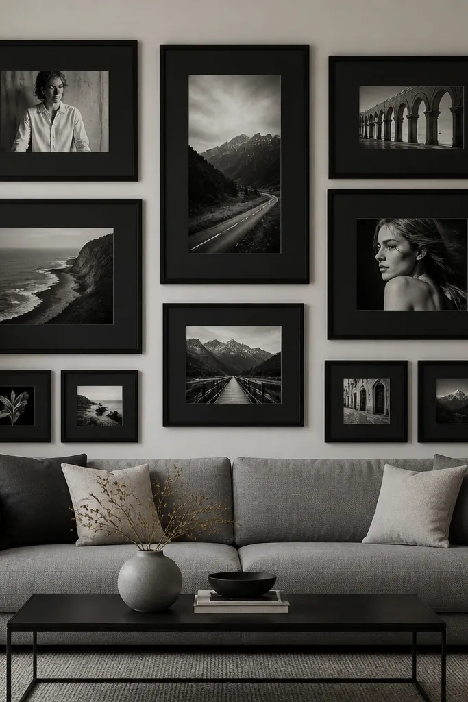 Monochrome framed photos with matching black mats and black frames