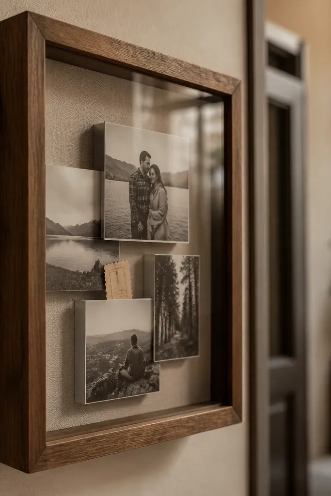 A shadow box with layered photos and small keepsakes arranged neatly