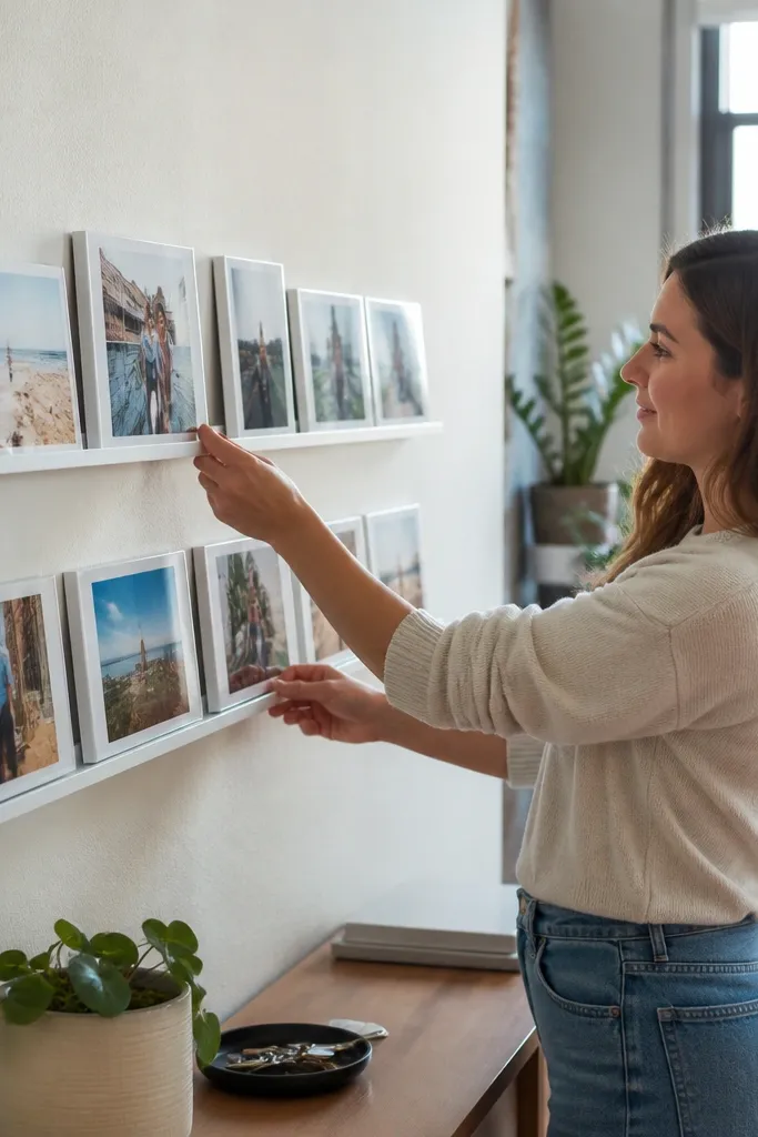 A small collage of prints mounted on a ledge with removable frames