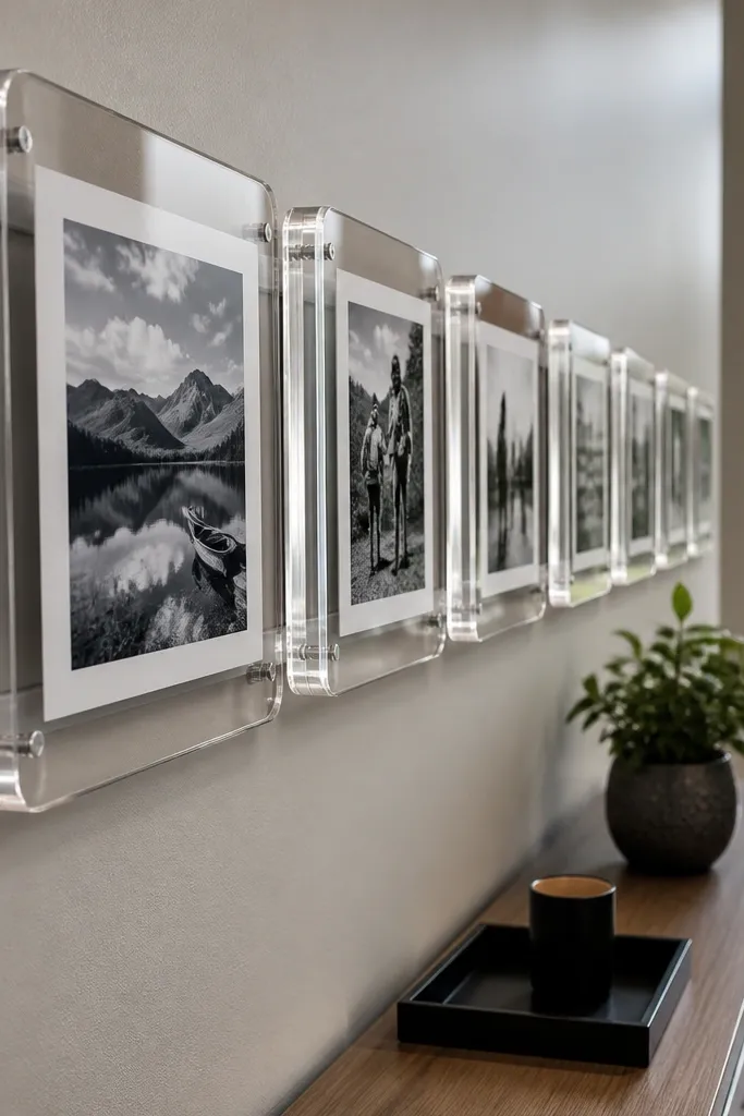 Clear acrylic frames arranged in a neat horizontal row