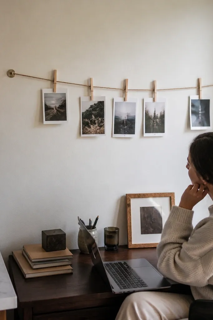 A rope line across the wall with photos clipped using small clothespins
