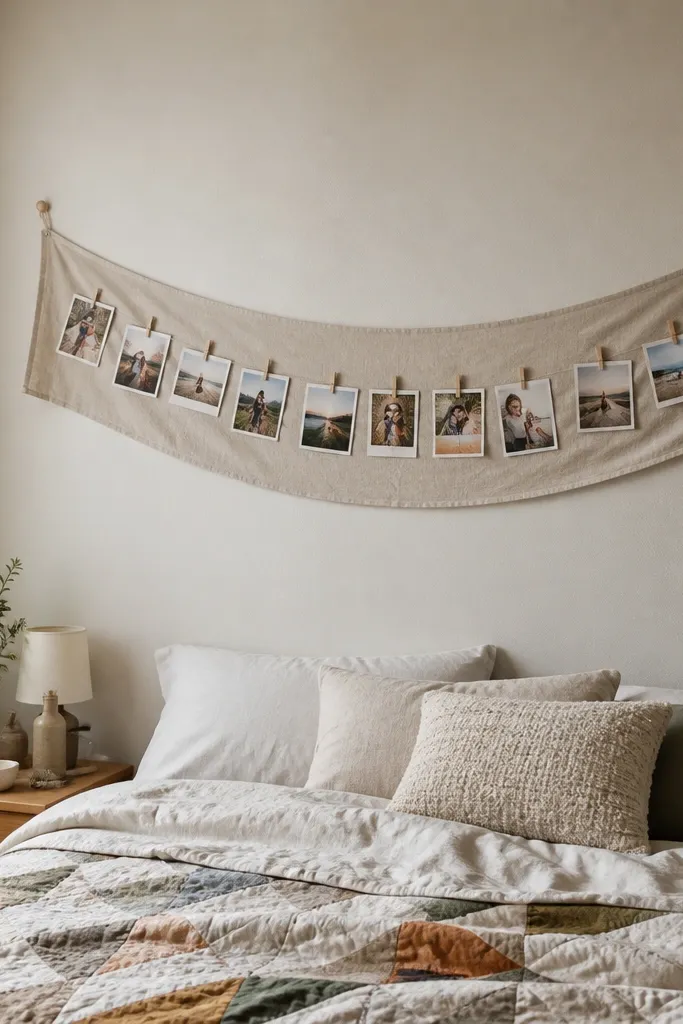 A fabric banner across the wall with mini pegs holding small photos