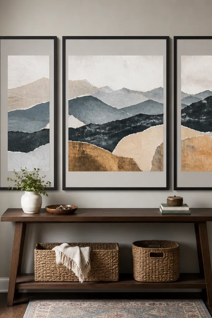 Three framed panels arranged as a triptych with photos inside