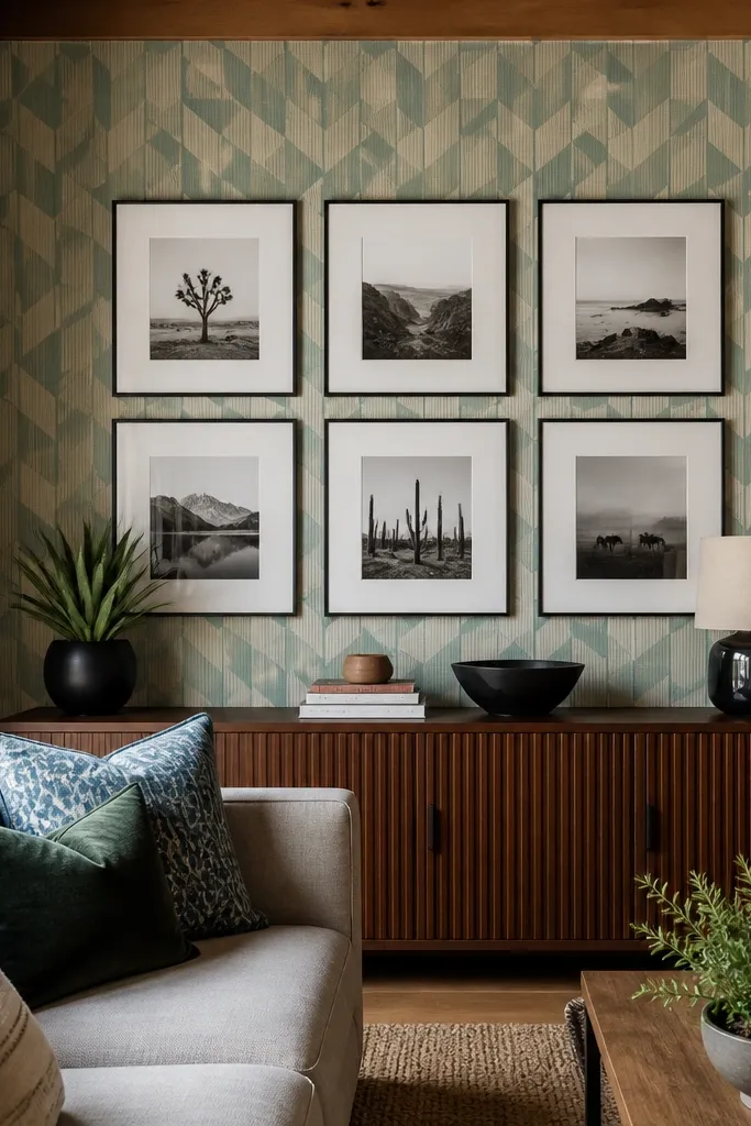 A small cluster of frames on a wallpaper backing with a clean grid spacing