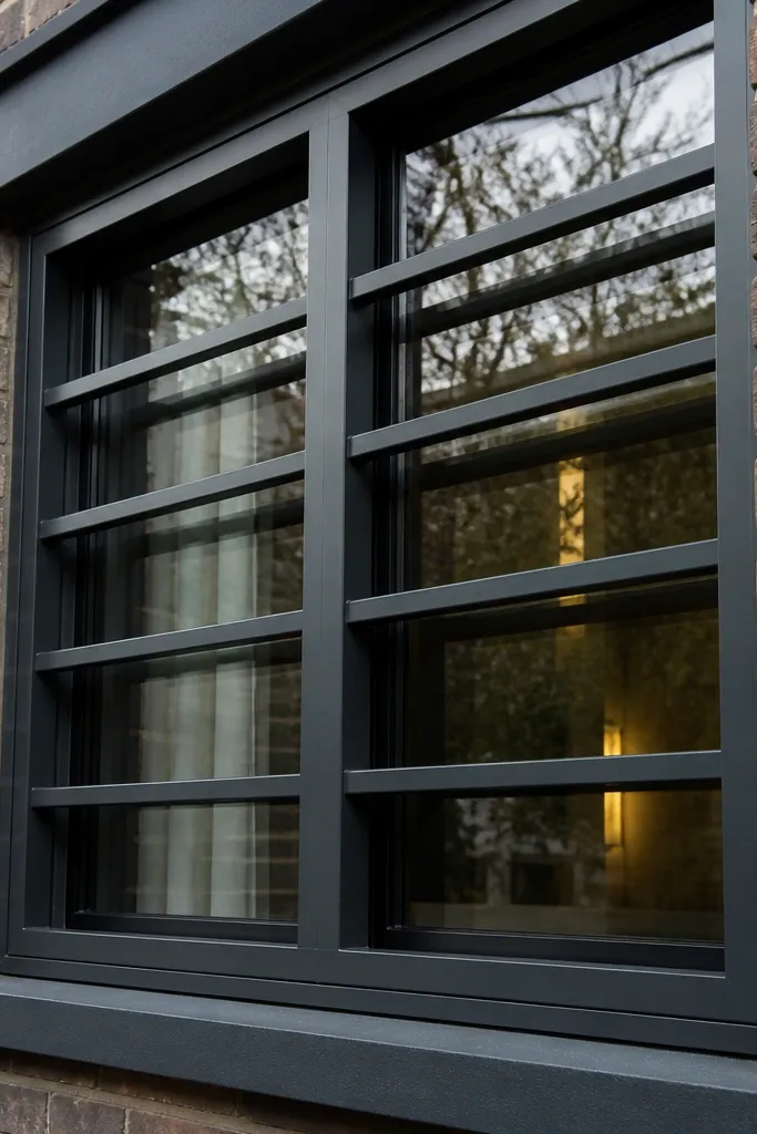 Charcoal steel window grill with two bold horizontal rails making an H pattern