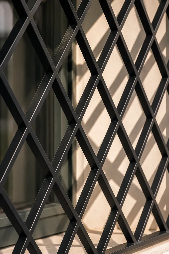 Steel window grill with diagonal braces forming small diamond shapes