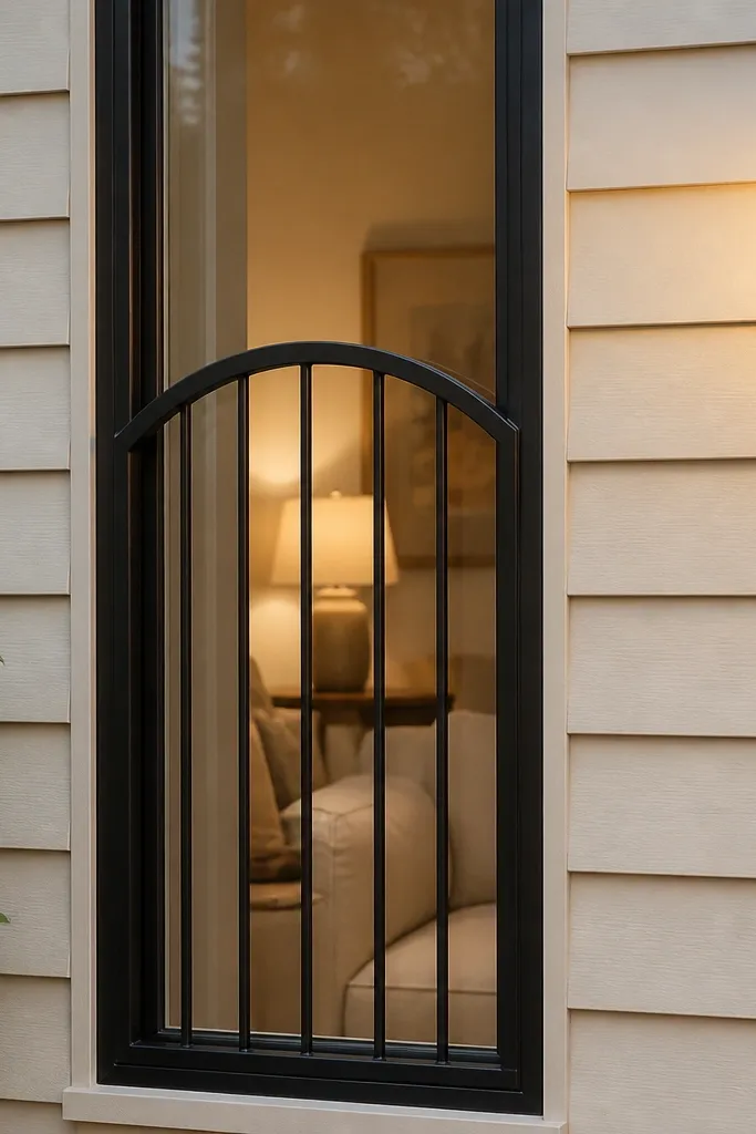 Modern steel window grill with one arched top rail and thin straight bars below