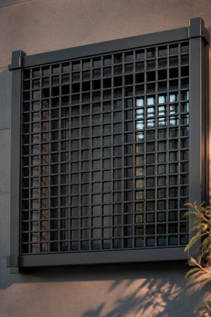 Steel window grill with a micro-grid cage and thicker corner posts