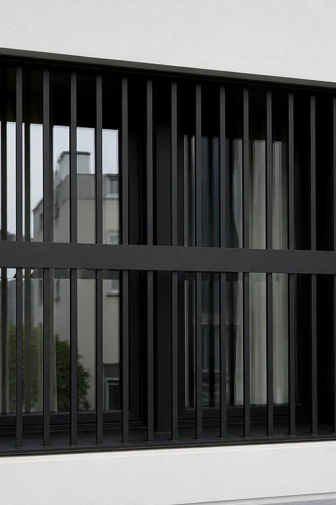 Steel window grill with thin vertical slats and a single horizontal band across the middle