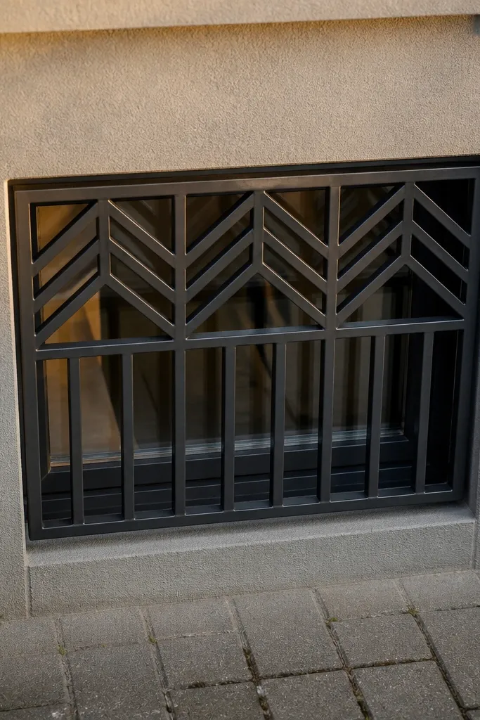 Steel window grill with chevron pattern across the top half and simple vertical bars below