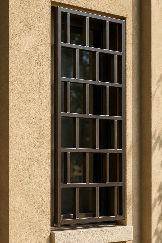 Bronze steel window grill with an offset grid pattern and a flush frame