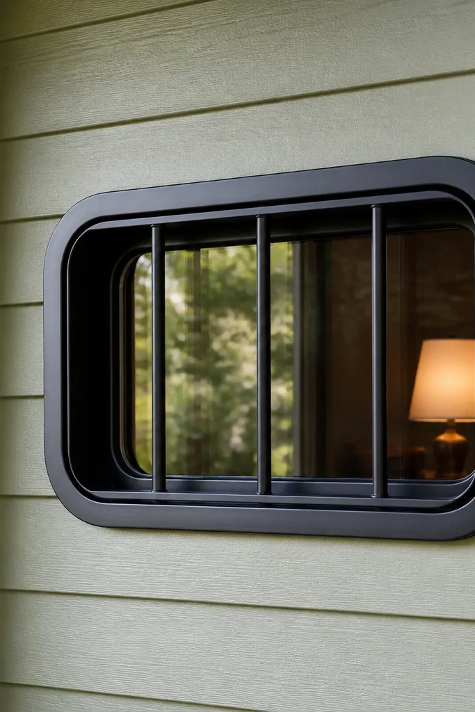 Steel window grill with rounded-corner frame and thin straight bars