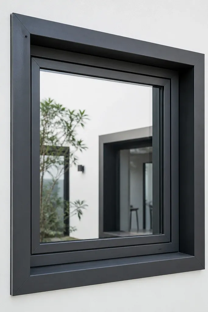Steel window grill with a square outer frame and a slim inner border line