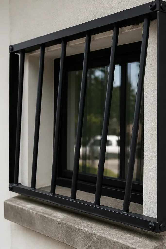 Steel window grill with a cage frame and vertical rods offset from each other