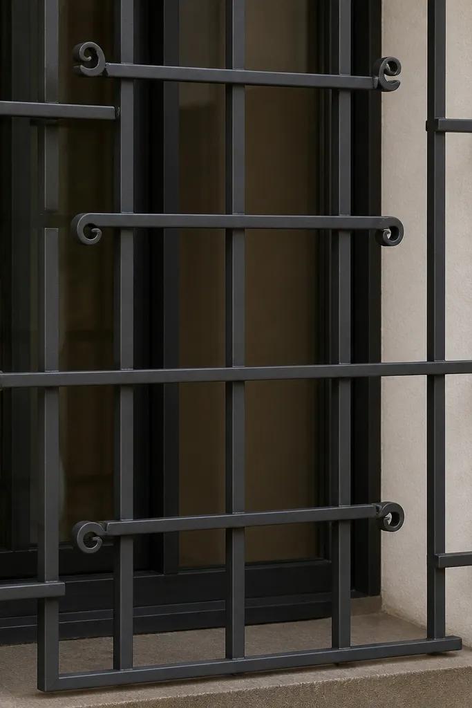 Steel window grill with thin straight grid and small scroll details at the ends