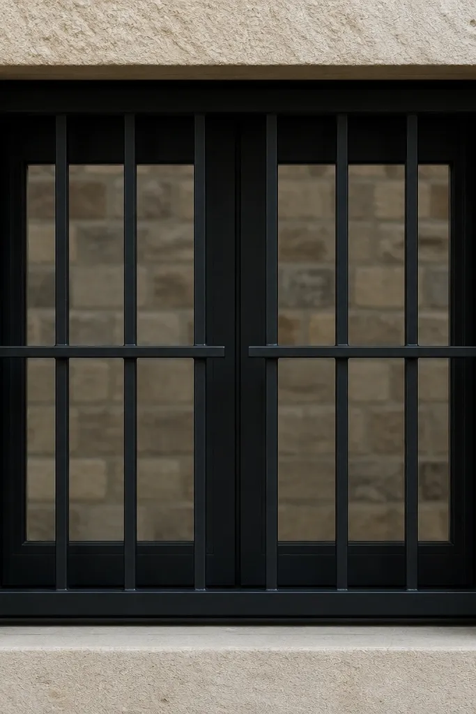 Steel window grill with thin vertical bars and a split horizontal rail in the center