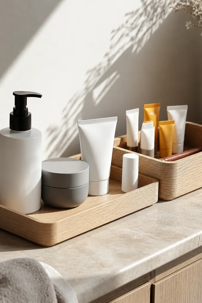 Small vanity counter with a shallow tray on the left and a deeper tray bin on the right