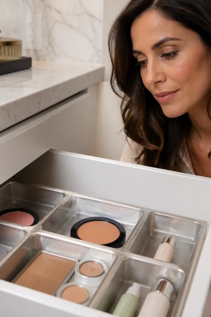 Vanity drawer with a fitted tray holding palettes and compact items in separate sections