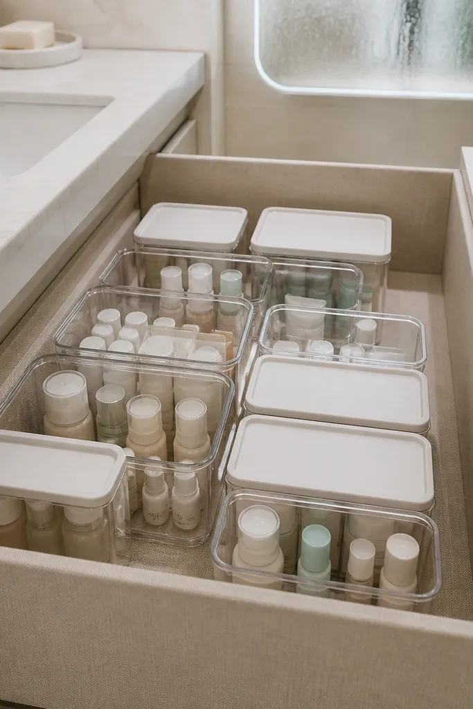 Vanity cabinet with stacked clear bins labeled for backups and travel sizes