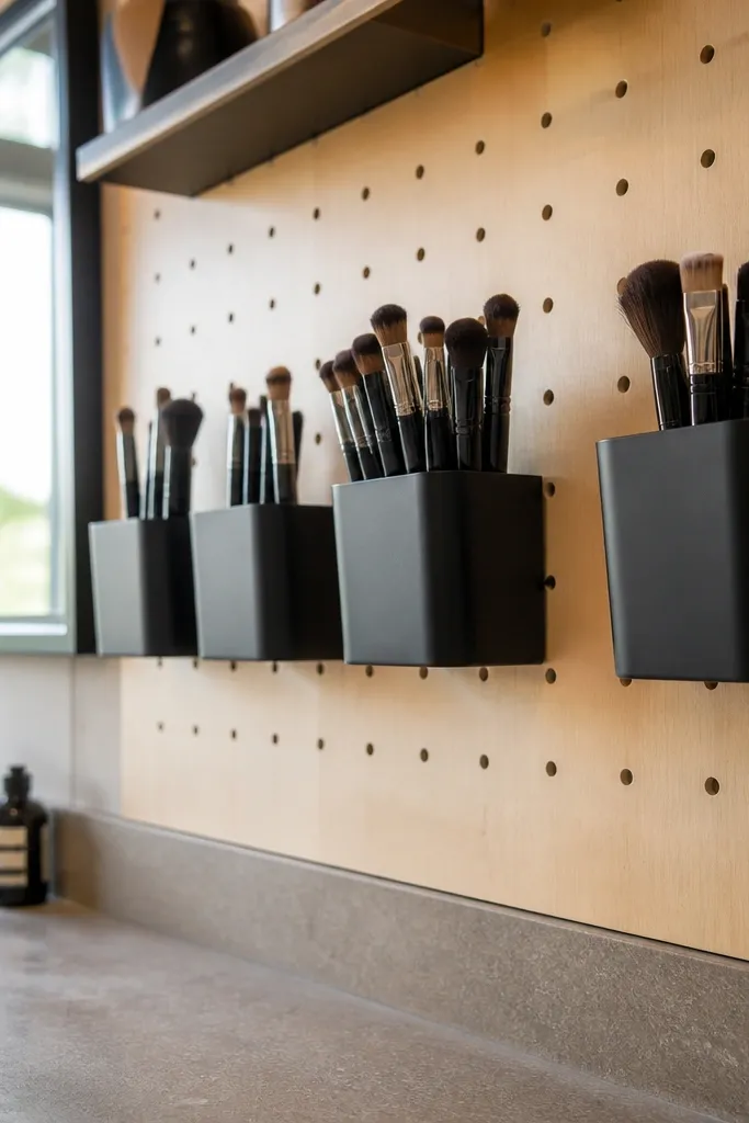 Bathroom pegboard with small cups holding makeup brushes in rows
