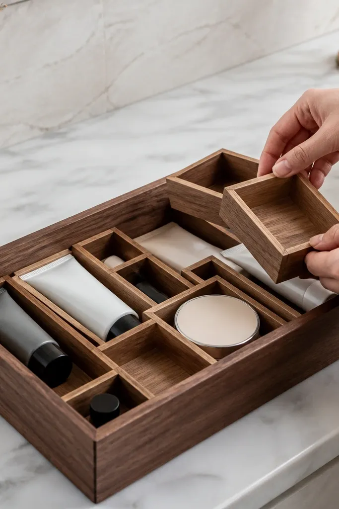 Handmade wooden vanity tray with small removable divider cells for skincare tubes