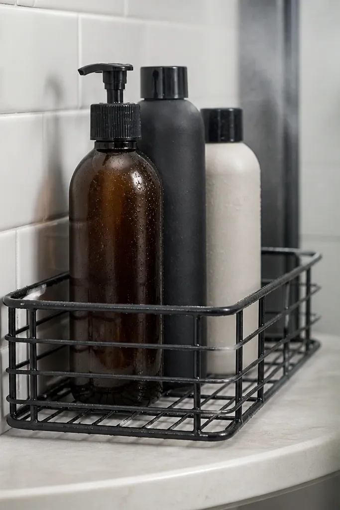 Wire organizer tray in a corner holding tall skincare bottles upright