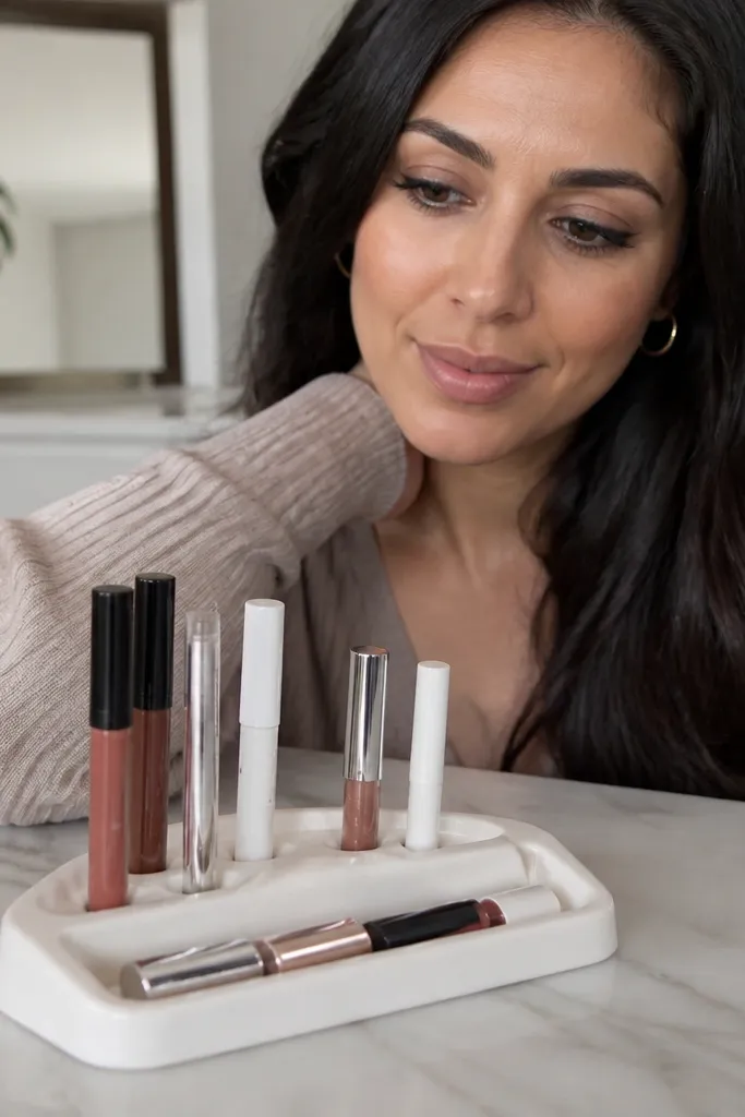 Shallow tray with a small raised edge holding lipsticks and liners