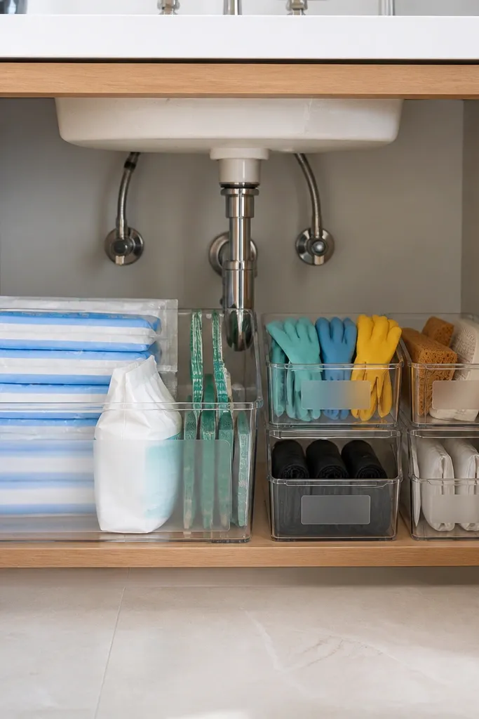 Under-sink cabinet with two labeled bins for cleaning supplies and backups