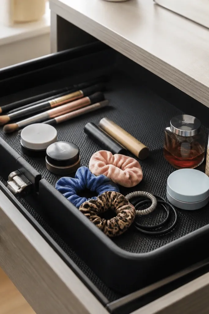Small drawer with a tray that has a lip and non-slip liner holding items in place