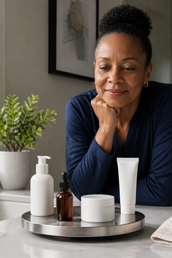 Small rotating lazy susan tray holding morning skincare steps in order