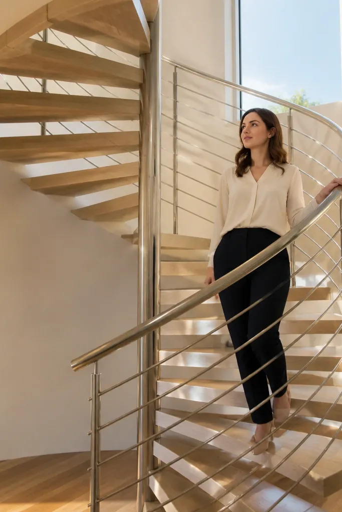 Light oak treads spiraling up with a brushed steel handrail