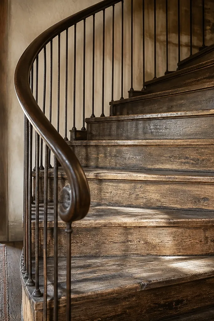 Reclaimed barnwood spiral steps with dark oil-rubbed bronze rail