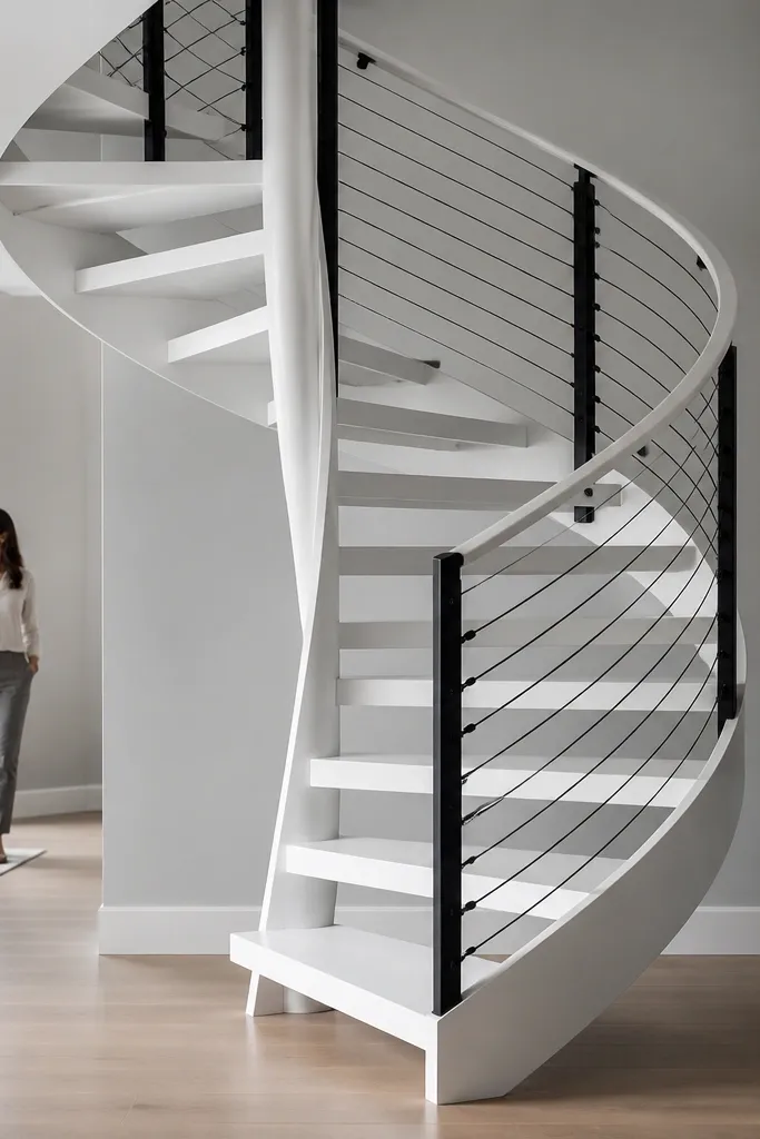 White painted spiral staircase with black cable railing