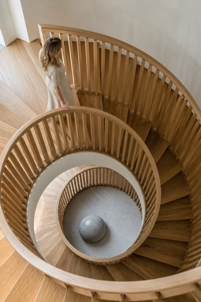 Natural wood spiral staircase with vertical slat balusters