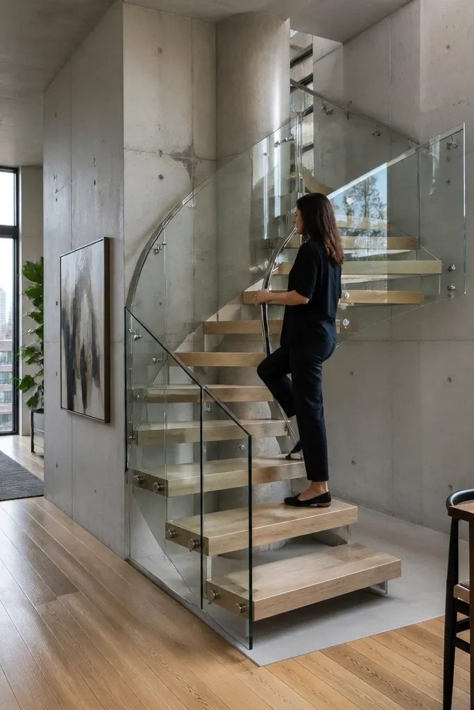Spiral staircase with clear glass panels and a metal handrail