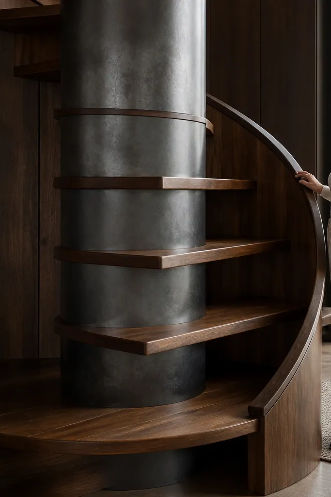 Walnut half-moon spiral steps around a dark center column
