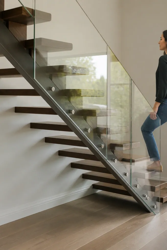 Walnut spiral staircase with clear acrylic guard panels